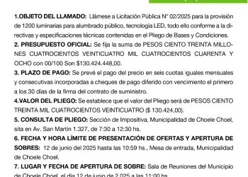 CHOELE CHOEL: Llamado a licitación publica N° 02/2025