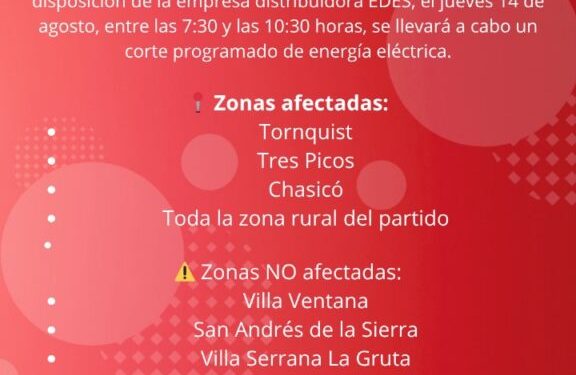COMARCA SERRANA: CELT Informa corte programado de energía para el próximo jueves