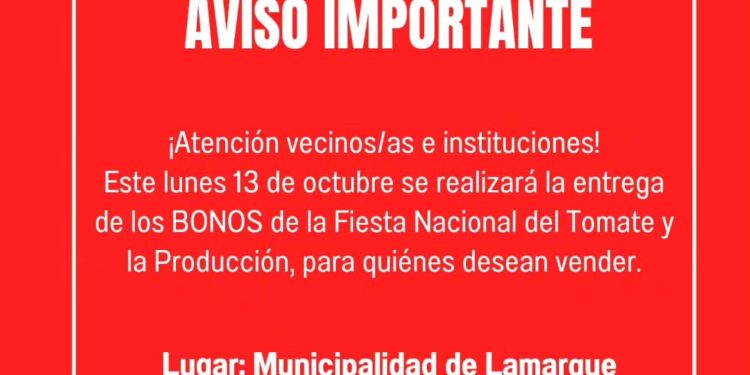 LAMARQUE: Entrega de bonos para vendedores  Lunes 13 de octubre 19:30 hs  Municipalidad de Lamarque