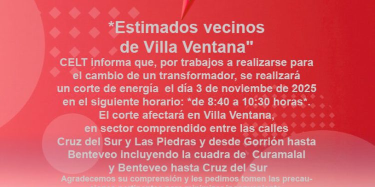 VILLA VENTANA: Corte programado de energía