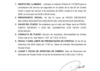 CHOELE CHOEL: MUNICIPALIDAD DE CHOELE CHOEL LLAMADO A LICITACIÓN PÚBLICA N° 07/2025