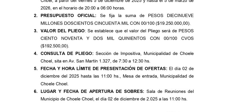CHOELE CHOEL: MUNICIPALIDAD DE CHOELE CHOEL LLAMADO A LICITACIÓN PÚBLICA N° 07/2025