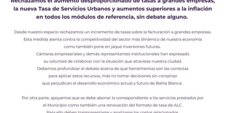 BAHIA BLANCA: La Libertad Avanza rechaza aumento de tasas a grandes empresas impulsada por el municipio  El espacio político que responde al Presidente Javier Milei en Bahía Blanca expresó un firme rechazo al incremento de tributos propuesto por el Ejecutivo local