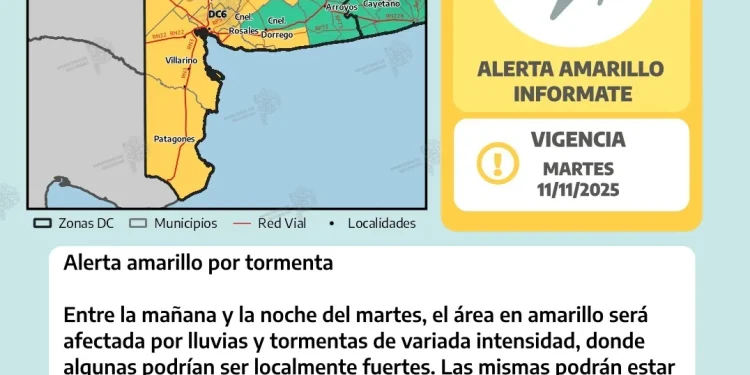 BAHIA BLANCA: Alerta amarilla por tormentas en Bahía Blanca y la región El Servicio Meteorológico Nacional ratificó un alerta nivel amarillo por tormentas para Bahía Blanca y otros distritos de la provincia de Buenos Aires de cara a la jornada del martes 11.