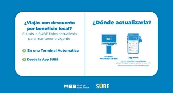 BAHIA BLANCA: Descuentos en la tarjeta SUBE: ya se pueden actualizar los beneficios en el colectivo Tener actualizada la tarjeta SUBE física con los descuentos locales permite que los beneficios permanezcan activos y se apliquen correctamente a la hora de viajar.