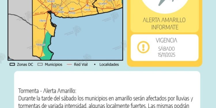 SIERRA DE LA VENTANA: Alerta amarillo para el sábado en toda la Comarca El servicio Meteorológico Nacional emitió una alerta amarilla por tormenta para Tornquist y zona para este sábado 15 de noviembre.