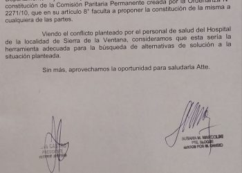 SIERRA DE LA VENTANA: Concejales piden reactivar la Comisión Paritaria por el conflicto en el Hospital  El bloque Juntos por el Cambio solicitó al Ejecutivo y al gremio municipal activar la mesa permanente para buscar alternativas de solución.
