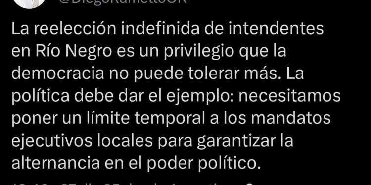 Reelección indefinida de intendentes en Río Negro: Diego Ramello abrió el debate. En el cierre del año político y en medio de un escenario de renovación e ideas nuevas requeridas por la dirigencia provincial, el intendente de Choele Choel, Diego Ramello, se refirió a la reelección indefinida de sus pares en Río Negro y planteó la necesidad de discutir límites a los mandatos ejecutivos locales.