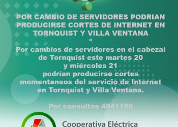 TORNQUIST Y VILLA VENTANA: Por cambio de servidores podrían producirse cortes momentáneos de internet