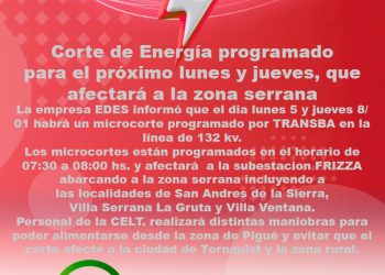 COMARCA SERRANA: Corte de energía programado para el próximo lunes y jueves, que afectará a la zona serrana