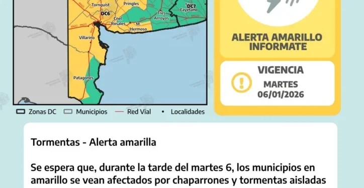 BAHIA BLANCA: Alerta amarilla por tormentas para esta tarde del Martes  El Servicio Meteorológico emitió una alerta amarilla por tormentas que regirá durante la jornada de este martes 6 de enero, afectando a distintos municipios de la región, entre ellos Bahía Blanca y el sudoeste bonaerense.
