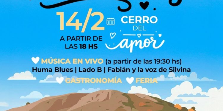 VILLA ARCADIA:  Día de los Enamorados en el Cerro del Amor  El festival propone celebrar el Día de los Enamorados este sábado 14 de febrero, con música en vivo desde las 19:30, feria de artesanos, emprendedores y puestos gastronómicos desde las 18:00, en un entorno natural cargado de mística serrana.