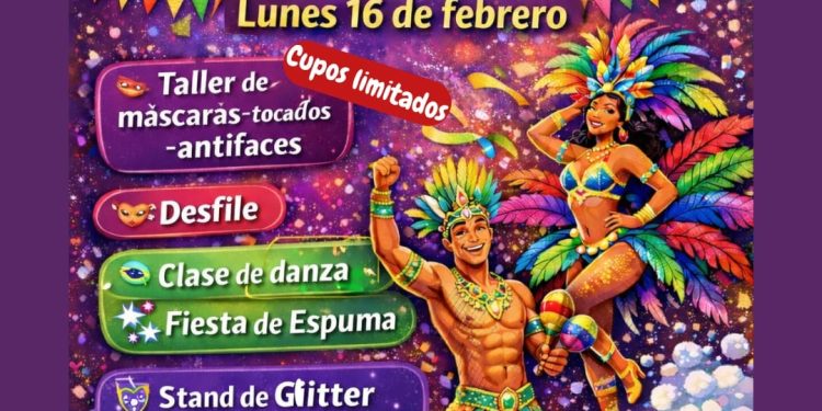 VILLA VENTANA: Gran evento de Carnaval este lunes 16 de febrero  El patio de Grindelia, en Villa Ventana, será escenario de un gran evento de Carnaval que se realizará de 17 a 18:30 horas, con propuestas recreativas, artísticas y familiares, que incluirán actividades creativas, desfile, danza y una fiesta de espuma, en una jornada pensada para disfrutar en comunidad.