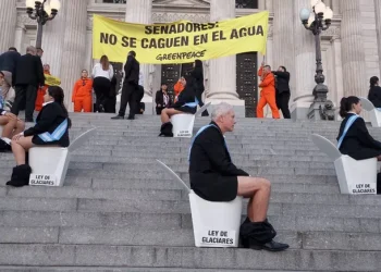 Activistas de Greenpeace se manifestaron en el Congreso contra la Ley de Glaciares: «No se caguen en el agua»