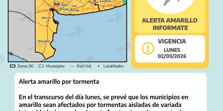 TORNQUIST: Alerta amarilla por tormentas todo el distrito  Se prevén tormentas aisladas de variada intensidad en la zona, donde algunas pueden ser localmente fuertes, acompañadas de chaparrones intensos de corta duración, ocasional caída de granizo y ráfagas de viento intensas de hasta 70 km/h. Se prevé que los fenómenos de mayor intensidad en la zona se generarán durante la tarde entre las 15 y las 18 hs.