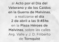 TORNQUIST: Invitación al acto por el Día de los Veteranos y Caídos en la Guerra de Malvinas