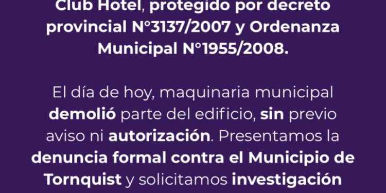 VILLA VENTANA: La Libertad Avanza repudia la demolición sin autorización del Ex Club Hotel