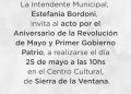SIERRA DE LA VENTANA: Cambio de horario del acto por el Aniversario de la Revolución de Mayo