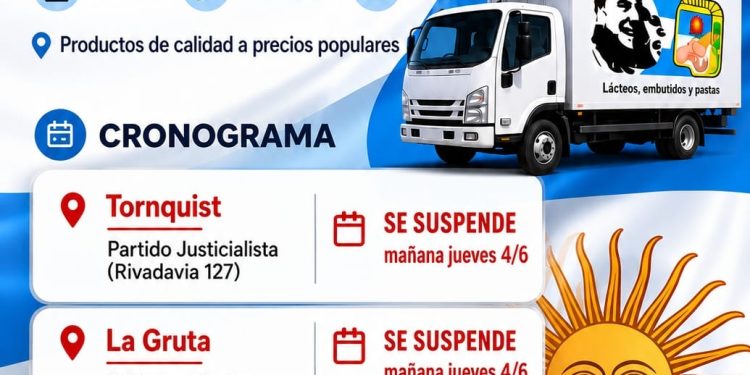 TORNQUIST / LA GRUTA: Suspendieron la visita del Camión Alimencoop  Desde el Partido Justicialista de Tornquist informaron que la visita del Camión Alimencoop prevista para este jueves 4 de junio en las localidades de Tornquist y La Gruta fue suspendida y será reprogramada para una nueva fecha.