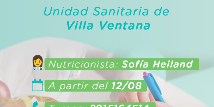 La Unidad Sanitaria de Villa Ventana incorpora consultorio de Nutrición  La Secretaría de Salud del Municipio de Tornquist Municipio informa que, a partir del martes 12 de agosto, comenzará a funcionar el consultorio de Nutrición en la Unidad Sanitaria de Villa Ventana.