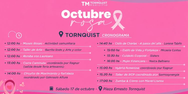 TORNQUIST: Octubre Rosa «habrá jornadas de prevención y concientización en todo el distrito»  En el marco de Octubre Rosa, el Mes de Sensibilización sobre el Cáncer de Mama, Tornquist Municipio, a través de la Secretaría de Salud, llevará adelante distintas propuestas de promoción de la salud, prevención y concientización en las localidades del distrito.