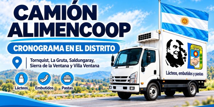 TORNQUIST: El Camión Alimencoop llega a Tornquist y localidades de la Comarca con productos a precios populares  La propuesta ofrecerá lácteos, embutidos y pastas a precios accesibles. El recorrido comenzará el jueves 8 de octubre en Tornquist y La Gruta, continuará el viernes en Saldungaray y finalizará el sábado en Sierra de la Ventana y Villa Ventana.